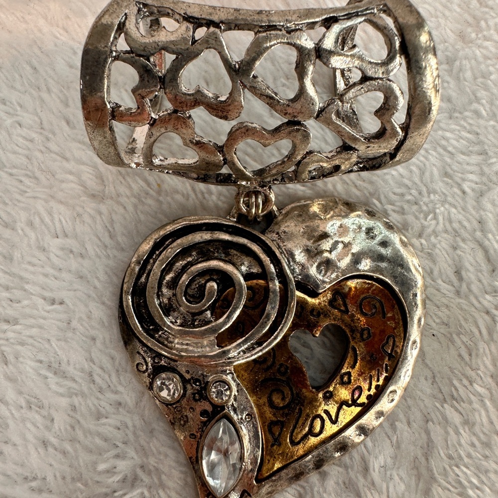 Vintage Mixed Metal Hammered & Cutout Heart Aztec Swirl Scarf Ring Pendant